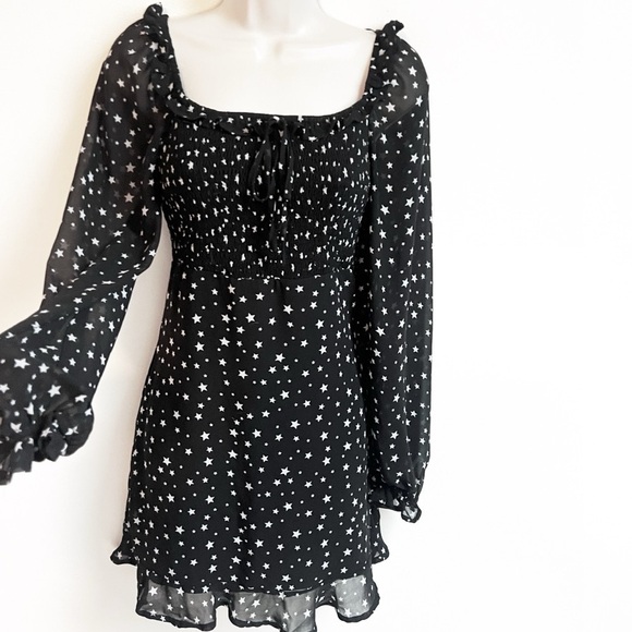 Altar’d State Long Sleeve Mini Star Dress Babydoll Black White Medium Sheer - Picture 3 of 11